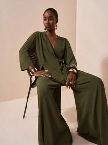 Zivah 2025 Summer New Arrival Music Festival & Graduation Casual Outfit, College Style Student Daily Wear, Vacation Beach Sunbathing Streetwear, Brown Textured Linen Fabric, Kimono Style Waist Tie Shirt And Wide Leg Pants 2-Piece Set Olive Green Outfit Women Wide Leg Pants Set Pants Suit Pant Suits For Women Two Piece Pants Set Women,Fall - Army Green - View 7