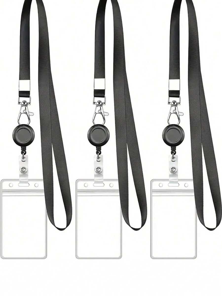 SHEIN Giá đỡ thẻ ID có thể thu gọn - Bao đựng thẻ PVC chống thấm nước kèm dây đeo, dành cho giáo viên/nhân viên văn phòng. - màu đen - Xem 1