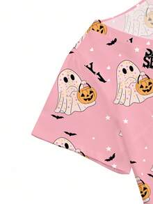 PopScrub Plus Size V-Neck Pink Short Sleeve Nurse/Doctor Hospital Uniform Top,Cute Halloween Pattern Design,Summer Health Check Surgery Lab Coat Multi-Pockets - Pink - View 4