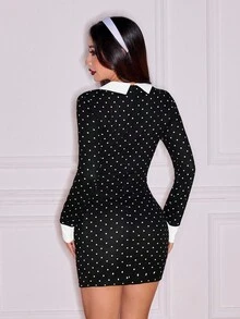 SHEIN PETITE 女士优雅波尔卡圆点印花修身迷你连衣裙 - 黑與白 - 查看 3