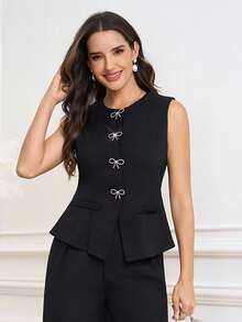 SHEIN Ellevyn Áo vest không tay cổ tròn cho nữ, trang trí nơ pha lê đen, thanh lịch để mặc hàng ngày, đi làm, xuân/hè, áo sơ mi thu - màu đen - Xem 2