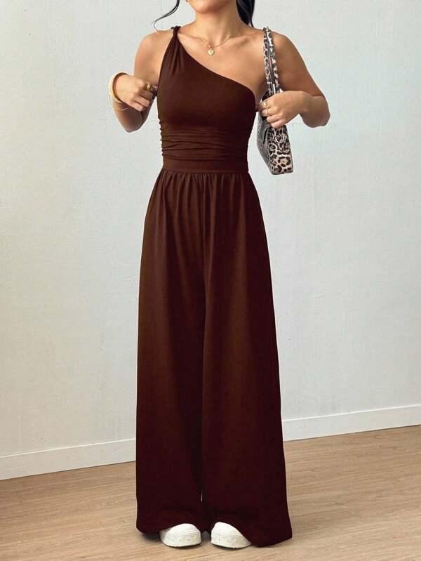 SHEIN Unity 女式休闲户外扭纹褶皱宽松直筒黑色连体裤，春夏