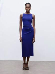 Maija Váy bảo hộ lao động không tay màu trơn có viền xẻ bên hông, màu đỏ hồng - Màu xanh lam - Xem 6