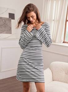 Hanevo Women's Striped Off Shoulder Flare Sleeve Casual Sports Yoga Running Tennis Short Dress, Autumn/Winter Fall Cloth For Women - Grey - View 5