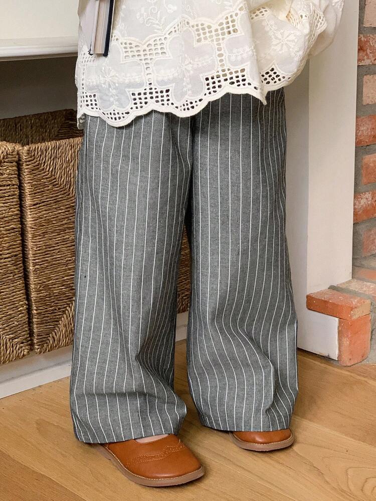 Young Girls Striped Korean Style Loose Fit Pants, Spring/Autumn