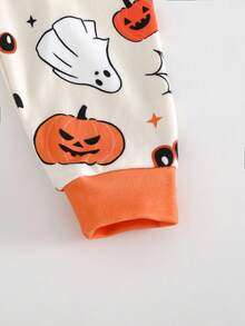 Cozy Pixies 男婴万圣节南瓜和蝙蝠印花舒适睡衣套装，柔软针织圆领长袖上衣和松紧腰长裤 - 橘色 - 查看 7