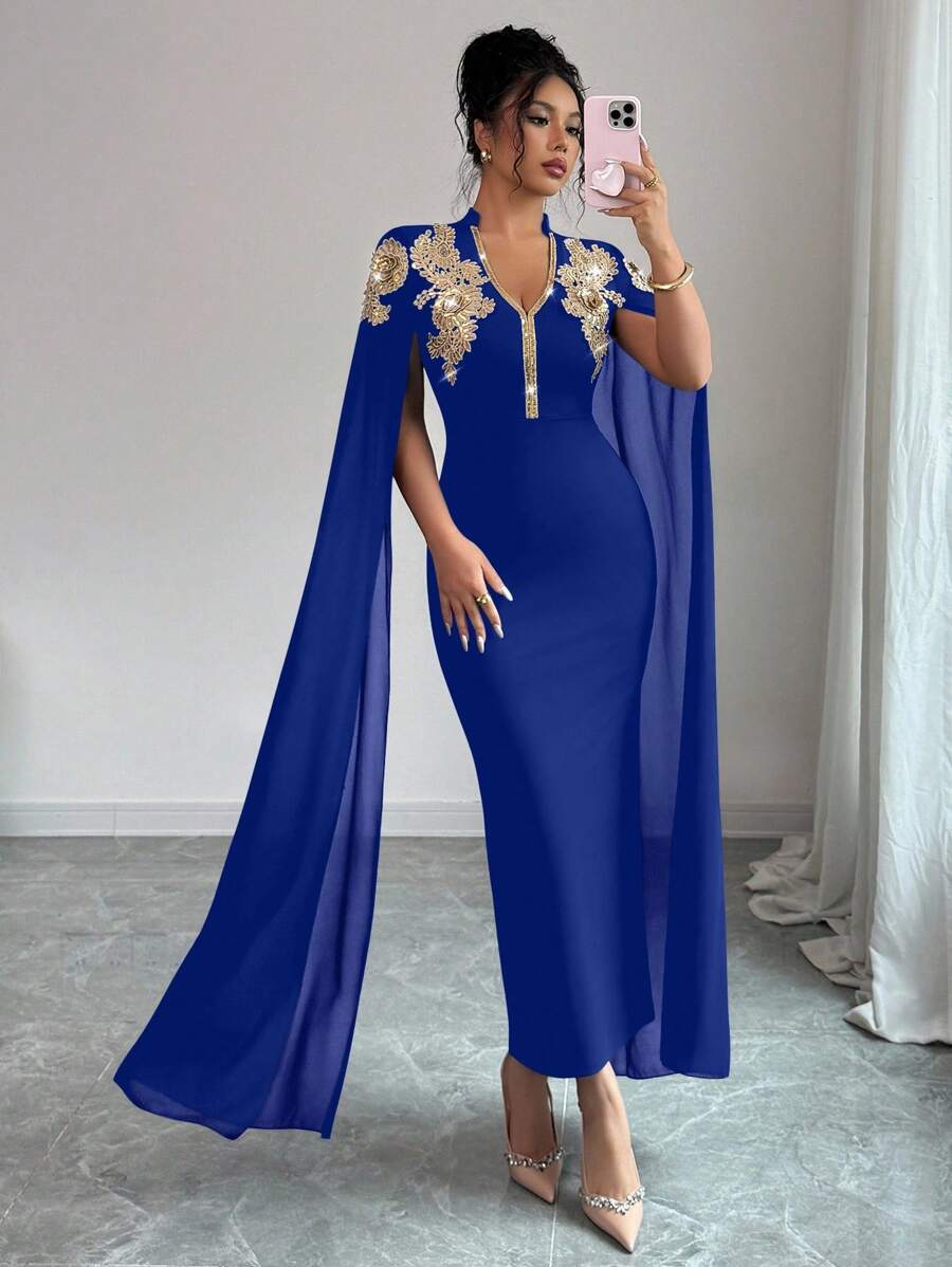 Elenzga 女式刺绣V领加长袖连衣裙 - 寶藍色 - 查看 1