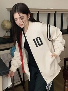 Dazy Plus Plus Size Varsity Jacket, Contrast Color Block & Numeric Print, Long Sleeve Loose Fit Plus Size Casual Coat For Women School - Apricot - View 7
