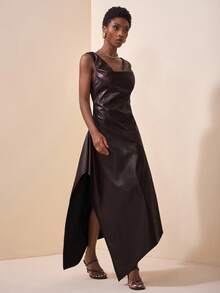 Zivah Dark Brown,Autumn,Elegant,Dining,Faux Leather Midi Dress,Draped Neck Sleeveless,Waist Cinched A-Line,Slit,Ruffle Asymmetric Hem,Fashionable PU Maxi - Brown - View 3