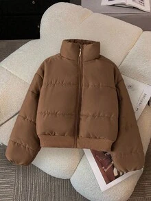 Tween Girls' Brown Padded Coat, Minimalist, Comfortable And Fashionable, Short Style, Suitable For Tween Girl, Super Fall Winter - Brown - View 6