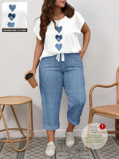 EMERY ROSE 2pcs/Set Plus Size Women Casual Simple Blue Heart Pattern Print Set, Suitable For Summer Suitable For Going Out 2 Pieces Casual Sets Woman