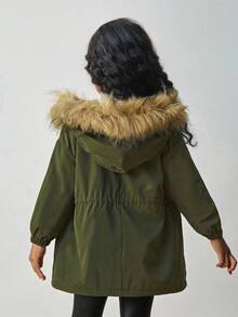 Maija Kids 少女仿皮草衬里长款连帽大衣 - 軍綠色 - 查看 2