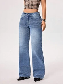 SHEIN EZwear Women's Casual Commute Daily Versatile Low-Waist Loose Flare Leg Jeans - Light Wash - View 6