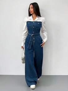 SHEIN 少女 Y2K 90 年代蓝色连体裤二合一拼色套装，配有腰带阔腿裤春夏连体裤，女孩秋季返校节牛仔两件套服装，商务休闲女士，秋冬连体裤，女孩教师服装 - 深色水洗藍 - 查看 3