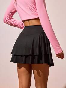 CourtClass Women's Multi-Layer Black Tennis/Workout Skorts With Phone Pocket, Outdoor Sports Black Black Tennis Skirt Skirt Gym Sport Skort Workout Skirt Tennis Skirts Pickleball Skirts Golf Skirts Athletic Skirts Women Sports Skirts - Black - View 2