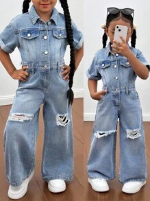 SHEIN 年轻女孩蓝色牛仔破洞衬衫式连体裤，酷炫街头造型