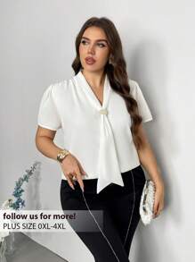 Firerie Blus Elegan Lengan Mengembang Warna Polos untuk Wanita Ukuran Plus dengan Kerah Ikat - Putih - View 2