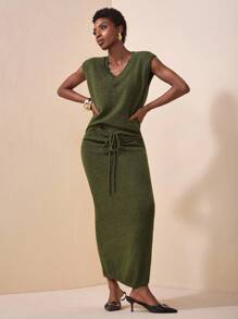 Zivah 2025秋季新品，适合生日派对、校园风、日常穿着、休闲、度假、邮轮旅行、海滩、日光浴、时尚、街头风、优雅、通勤、商务休闲等场合，无袖V领宽松针织背心搭配V领紧身针织裙套装，橄榄绿，夏季针织套装，初秋针织套装，女士两件套针织套装 - 橄欖綠 - 查看 1