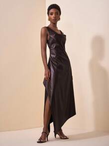 Zivah Dark Brown,Autumn,Elegant,Dining,Faux Leather Midi Dress,Draped Neck Sleeveless,Waist Cinched A-Line,Slit,Ruffle Asymmetric Hem,Fashionable PU Maxi - Brown - View 7
