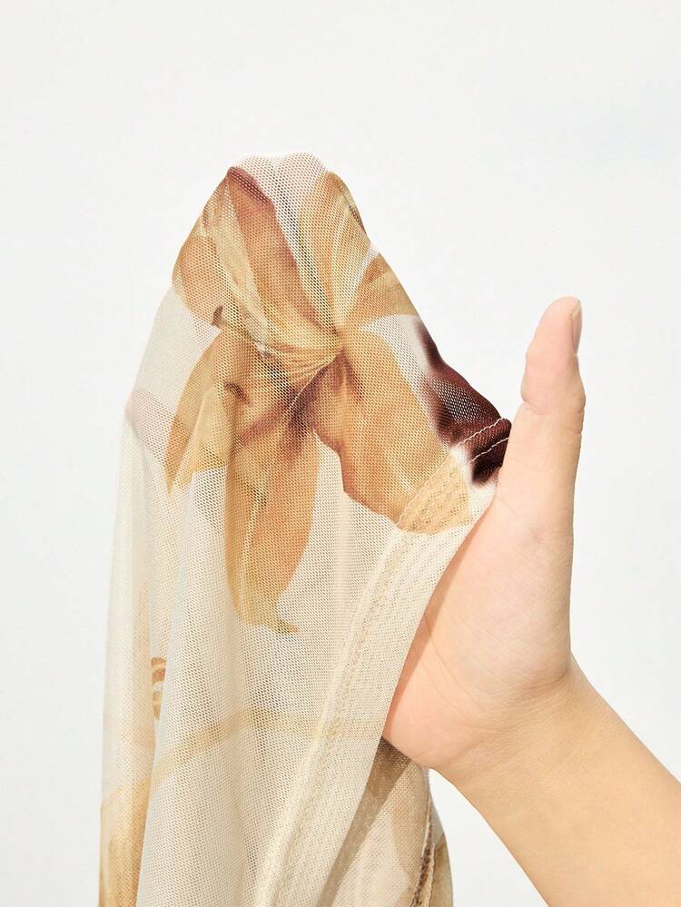 SHEIN Maija 2025 Autumn/Winter New Tropical Tie Dye Floral Print Asymmetric Shoulder Design Top, Chic Urban Elegant Romantic Office Formal Casual Workwear, Suitable For Wedding Guest, Party, Concert, Daily Wear, Halloween, Christmas, National Day, New Year