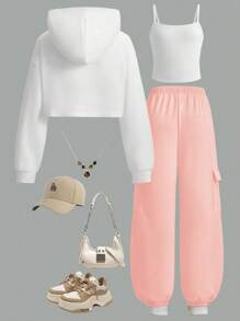 ChillGRL 3pcs/Set Teenage Girls Casual Loose Letter Print Hoodie Sweatshirt, Knit Camisole And Green Knit Cargo Pants, Suitable For Spring, Autumn And Winter Fall - Pink - View 2