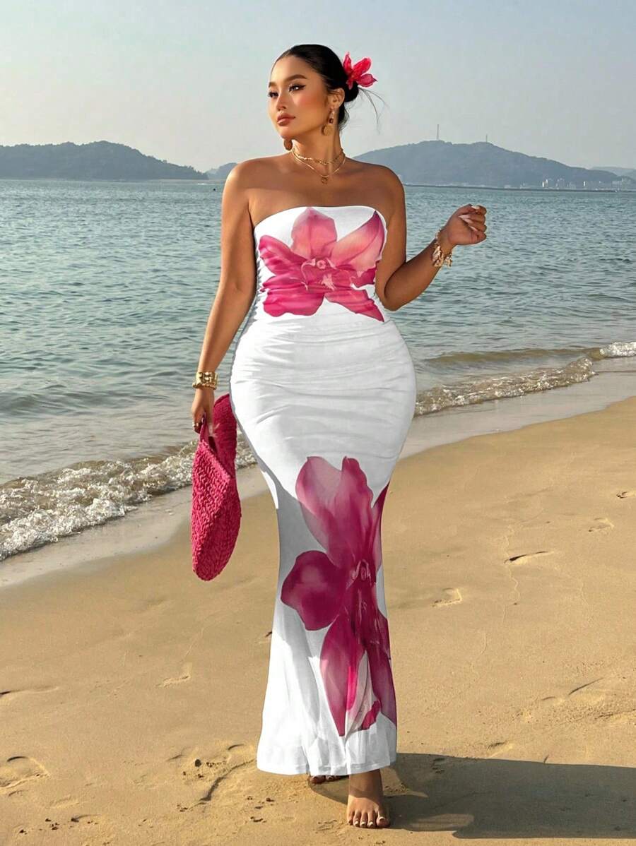 Sunnyshic Plus Size Wrap Style Form-Fitting Printed Dress, Vacation - White - View 1