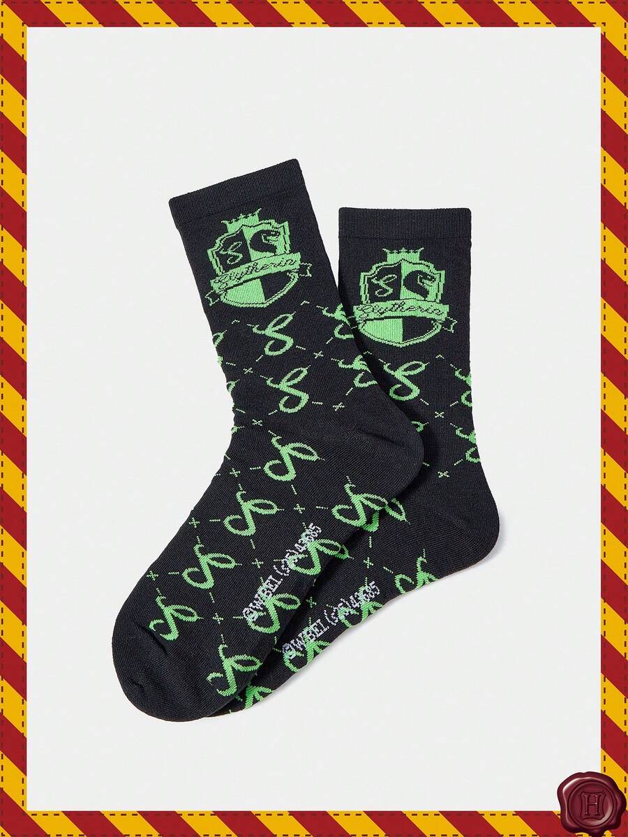 HARRY POTTER X SHEIN 1 双女士徽章菱形格纹中筒袜 - 黑色 - 查看 1