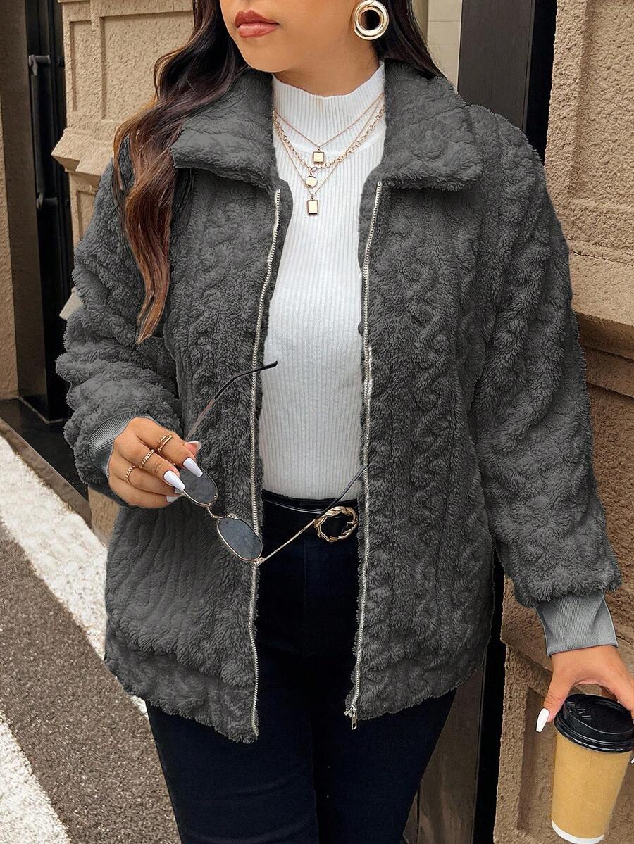 SHEIN Frenchy 大码女式休闲简约蓬松长袖夹克,冬季服装 - 淺灰色 - 查看 1