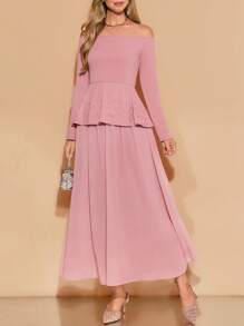 Amorya Women's New Off Shoulder & Chiffon Skirt 2 Pieces Set, Pink, Elegant For Daily Wear, Autumn Elegant Midi Dress Pink Chic Autumn - Pink - View 10