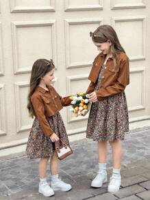 SHEIN Serisse Kids 2pcs Tween Girls' Casual Solid Color Long Sleeve Short Shirt Button Jacket And Floral Allover Print Dress Set, Suitable For Spring/Summer Outdoor Activities, Travel, Daily Wear, Leisure, Vacation And Parties
