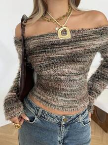 SHEIN EZwear 女式条纹露肩长袖休闲修身T恤 - 彩色 - 查看 1