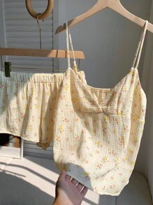Comfortcana 2pcs/Set Floral Print V-Neck Camisole And Shorts Set, Summer Floral Two Piece Set Cotton Summer Set Cotton Summer Pajamas - Apricot - View 5