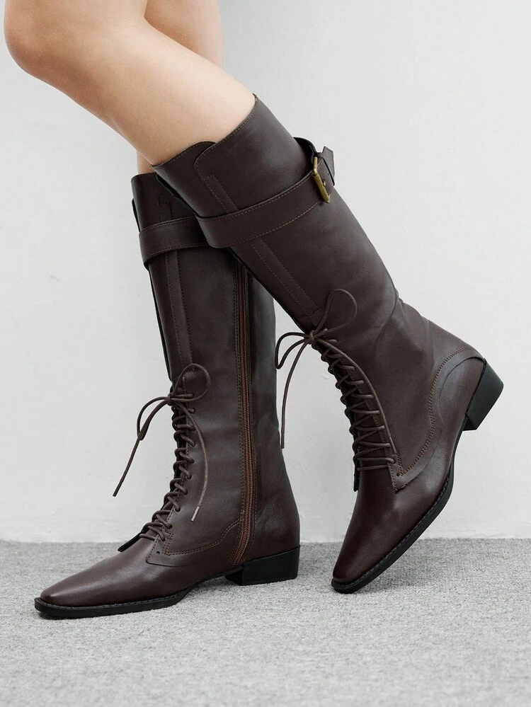 CUCCOO BIZCHIC High-Quality Brown Knee-High Boots, Pointed Toe Flat Elegant Women's Boots, Fashionable Versatile New Style Long Boots, Showcasing Feminine Charm And Elegant