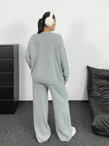 POPSWAY 秋冬宽松V领口袋装饰毛衣阔腿裤套装，时尚优雅 - 灰色 - 查看 3