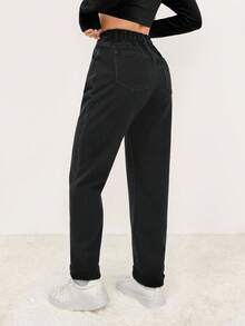 SHEIN PETITE 女士秋冬中腰锥形休闲保暖牛仔裤，时尚外出冬季黑色保暖牛仔裤，黑色牛仔裤 - 黑色 - 查看 2