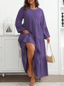 Vionelle 大码女式春夏纯色圆领灯笼袖荷叶边下摆宽松休闲连衣裙长款女装 - 紫色 - 查看 8
