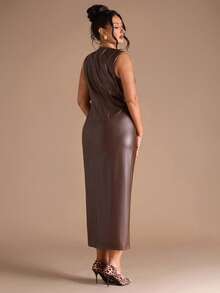 SHEIN BAE 女士无袖 PU 皮革紧身连衣裙 - 棕色 - 查看 7