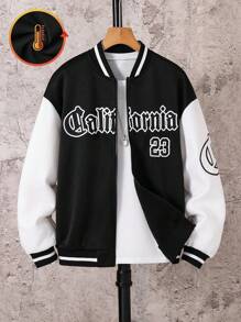 SHEIN Tween Boys' Black Autumn Smart Back-To-School Baseball Collar Jacket,Letter Print Patchwork Contrast Sleeve Loose Open Front Jacket For School,Sports - Black and White - View 3