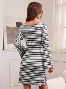 Hanevo Women's Striped Off Shoulder Flare Sleeve Casual Sports Yoga Running Tennis Short Dress, Autumn/Winter Fall Cloth For Women - Grey - View 2