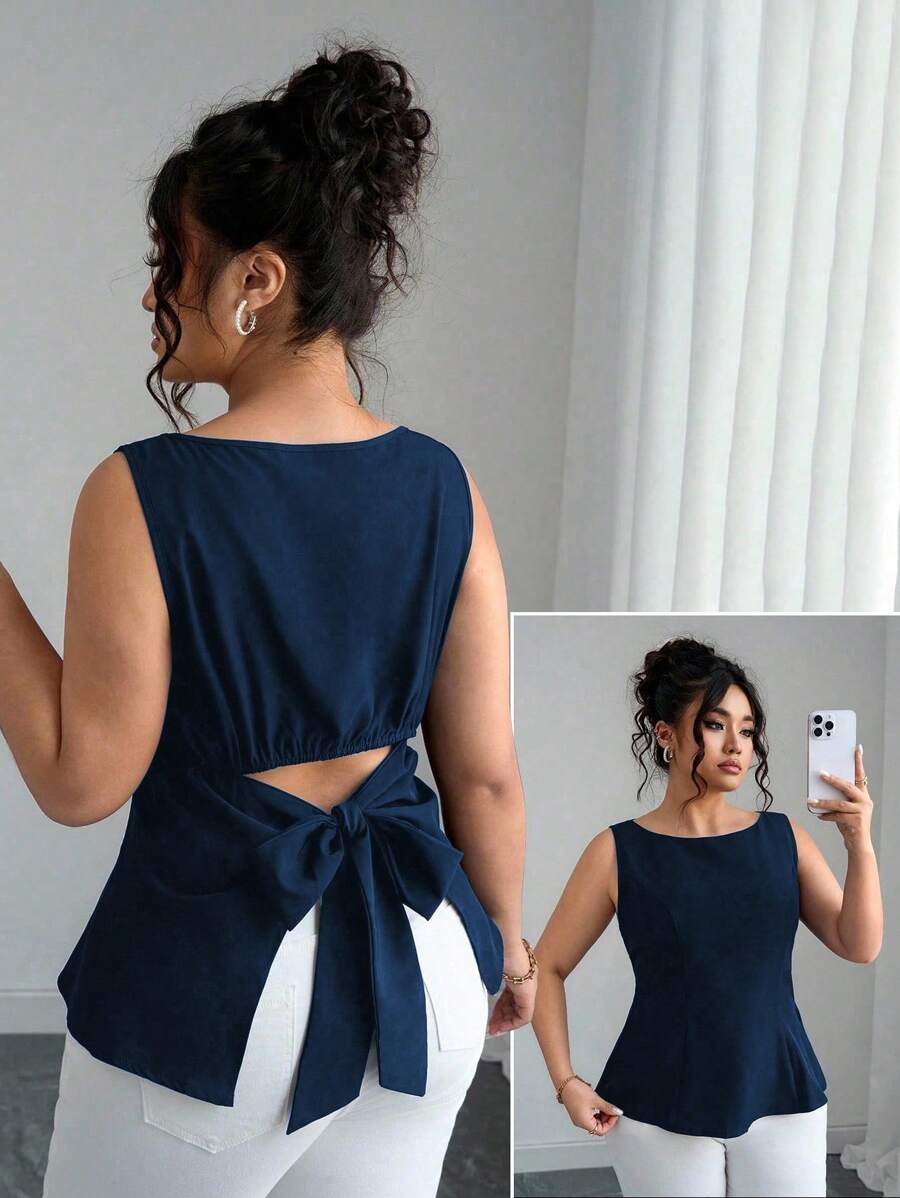 Elenzga Áo cánh không tay buộc eo hở lưng màu trơn cỡ lớn thời trang cho nữ - Màu xanh hải quân - Xem 1