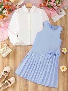 Tween Girl Bow Decor Pleated Hem Camisole Dress And White Shirt Set - Baby Blue - View 3