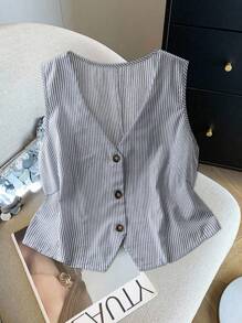 SHEIN LUNE 大码夏季休闲条纹无袖纽扣衬衫 - 藏蓝色 - 查看 1