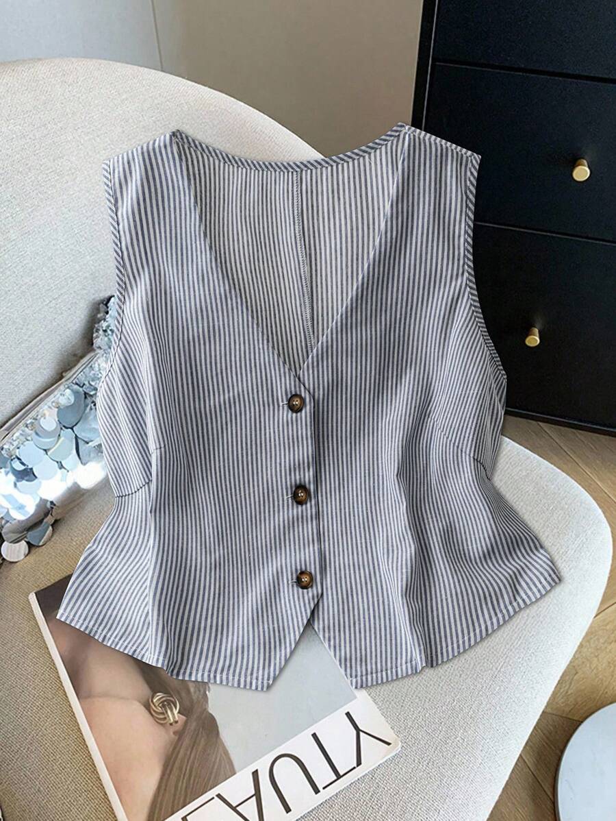 SHEIN LUNE 大码夏季休闲条纹无袖纽扣衬衫 - 藏蓝色 - 查看 1