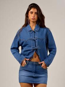 Avantive Women's Aqua Blue Tie Front Denim Jacket,Casual Everyday Autumn Western Wear,Y2k 90S Vintage Streetwear For Country Concert,Back To School&Vacation - Medium Wash - View 3