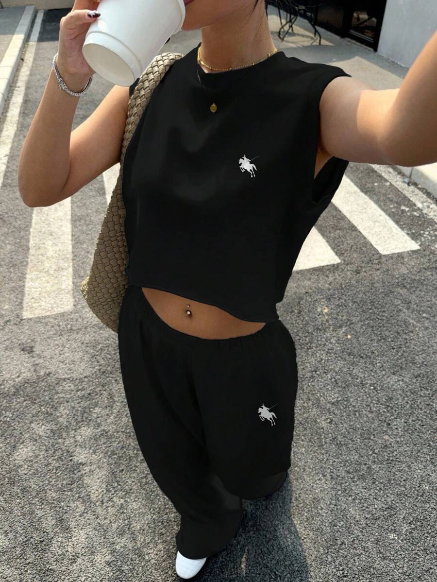 Muchica 女士休闲马匹印花圆领无袖宽松短款背心和直筒裤套装,适合夏季日常穿着 - 黑色 - 查看 1