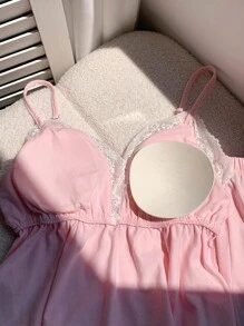Comfortcana Bộ áo hai dây đan mùa hè dành cho nữ kèm áo ngực đệm và quần short viền ren - Hồng - Xem 4