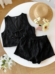 Comfortcana 2 件套女士黑色提花梭织吊带背心和短裤套装，夏季休闲 2 件套短裤套装女士 - 黑色 - 查看 4