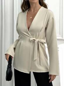 EURMUSE Solid Color, Open Front, Belted, Jackets - Beige - View 5