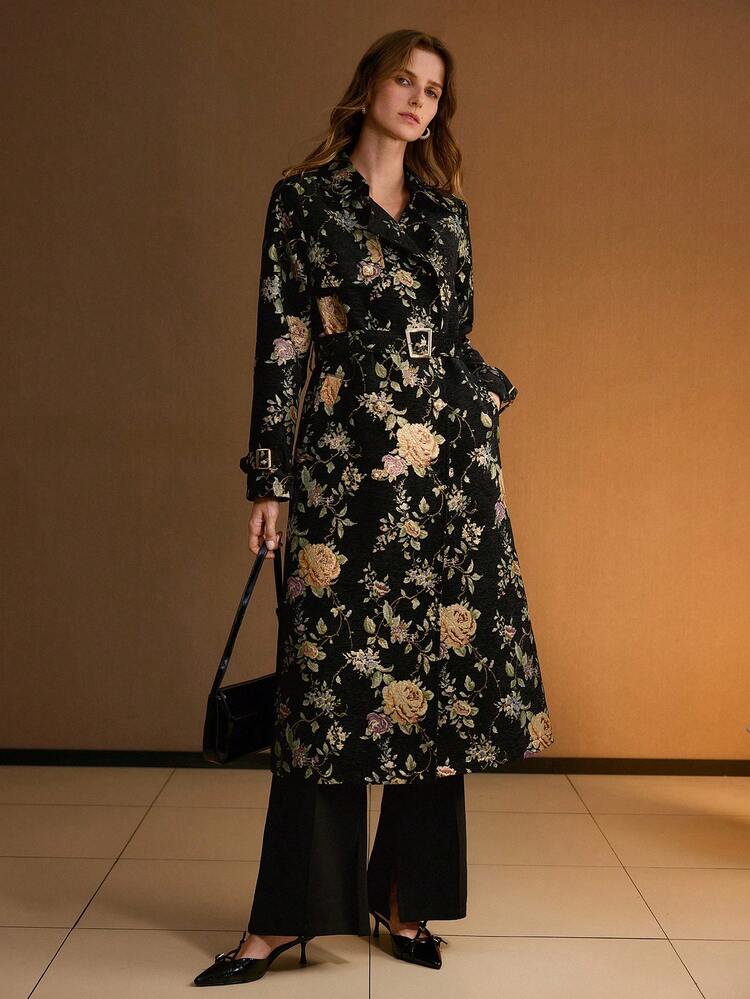 JACQUARD FLORAL PRINT BUCKLE BELTED TRENCH COAT