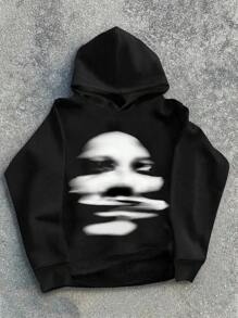 SHEIN Áo sweatshirt dày màu đen kiểu dáng casual cổ điển dành cho thiếu niên nam, họa tiết trừu tượng, hình bóng chữ cái tiếng Anh, phù hợp cho mùa thu đông. - màu đen - Xem 1